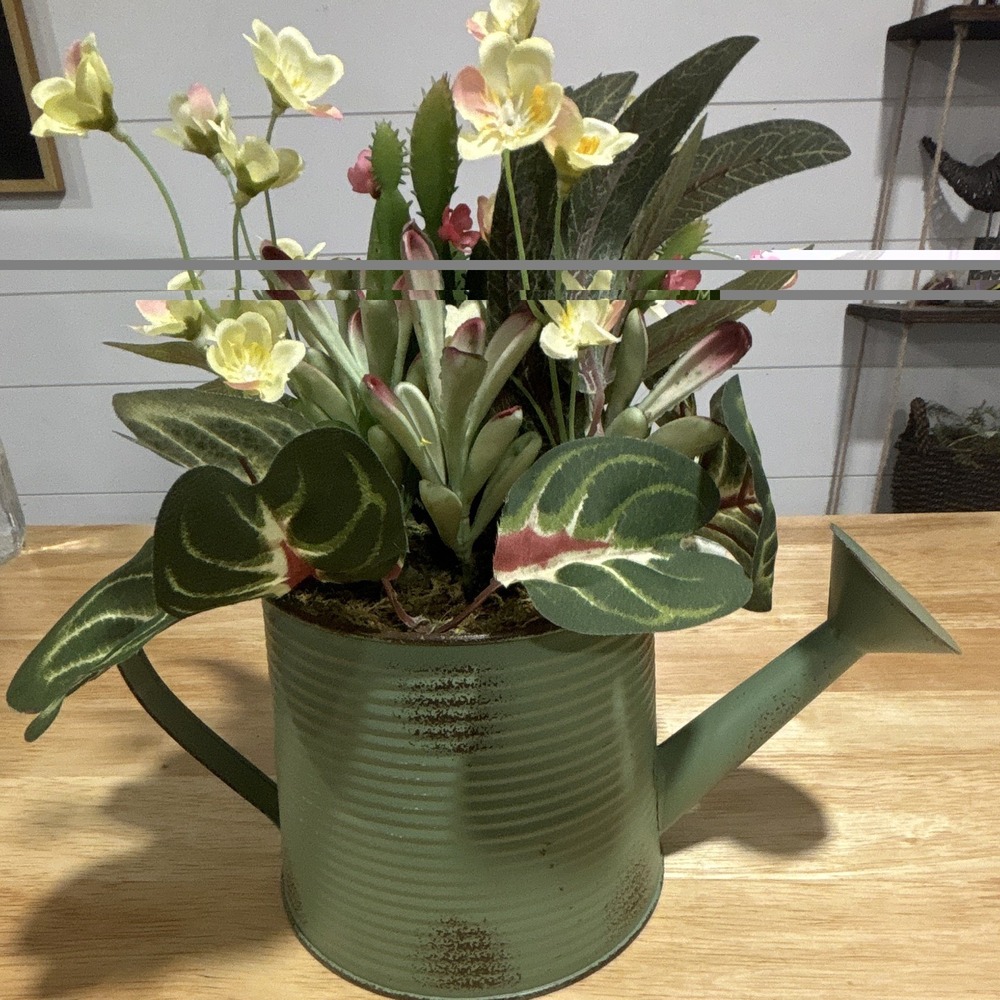 French Country Teapot Sage Green w/ Artificial Flowers, Cactus & succulents